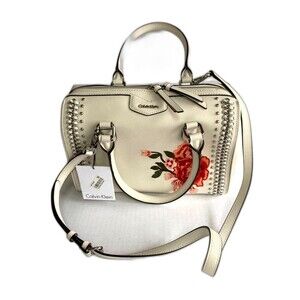 CALVIN KLEIN Leather Embroidered Satchel Hand Bag Purse